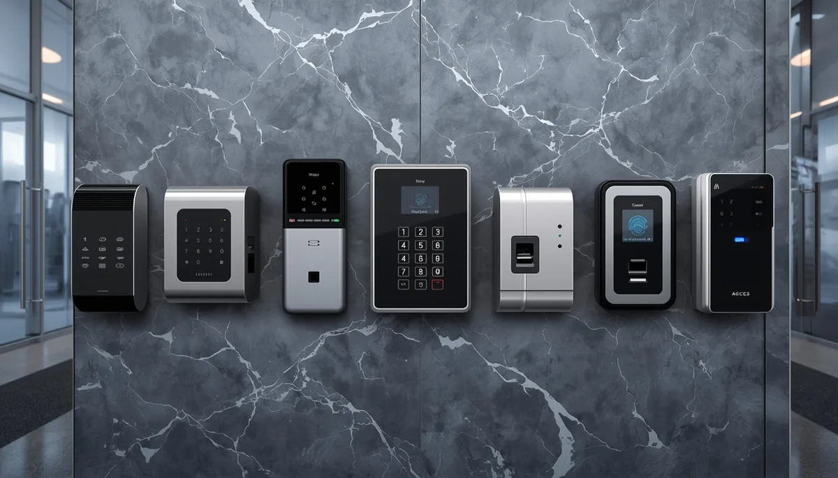 Range of access control and biometric security readers on wall