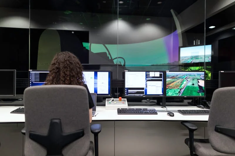 24/7 alarm monitoring control room with multiple screens
