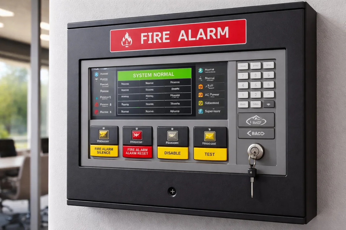 Commercial fire alarm control panel showing system normal status