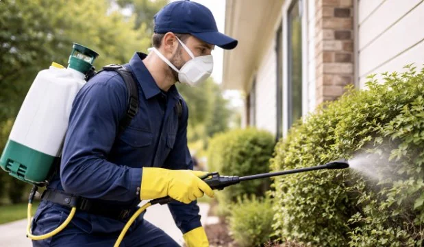 Pest control operative spraying treatment around commercial building