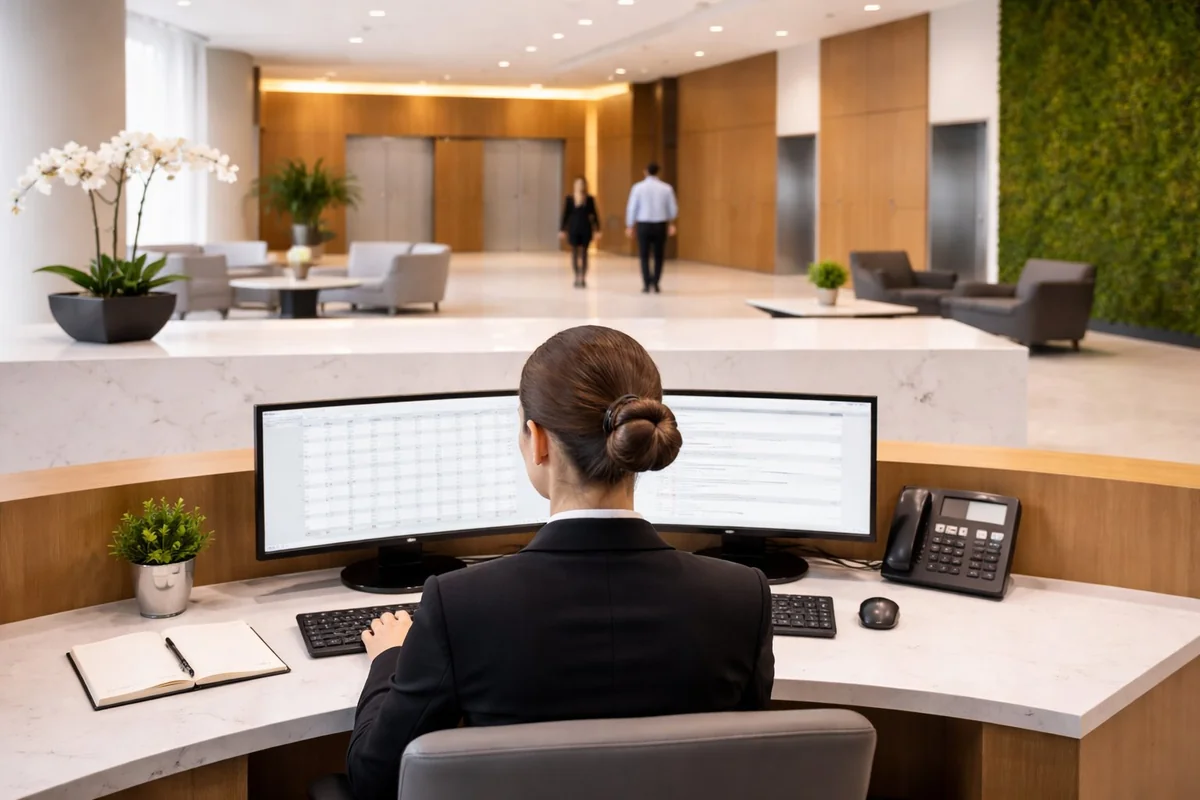 Professional receptionist at corporate front of house desk